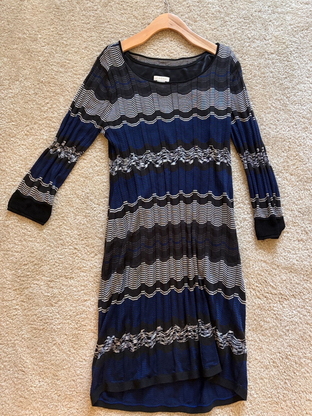 Cache Navy and Black Wave-Stripe Long Sleeve Knit Dress